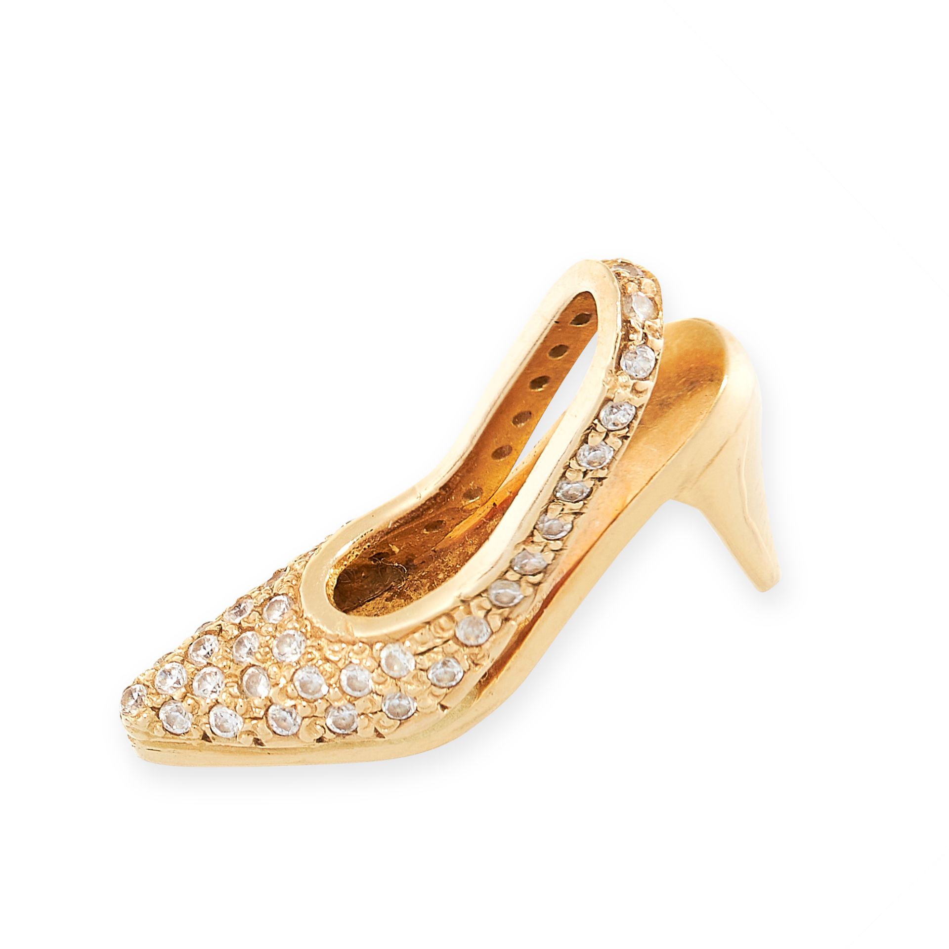 JEWELLED SHOE CHARM / PENDANT mounted in 18ct yellow gold, designed as a high heeled shoe, set