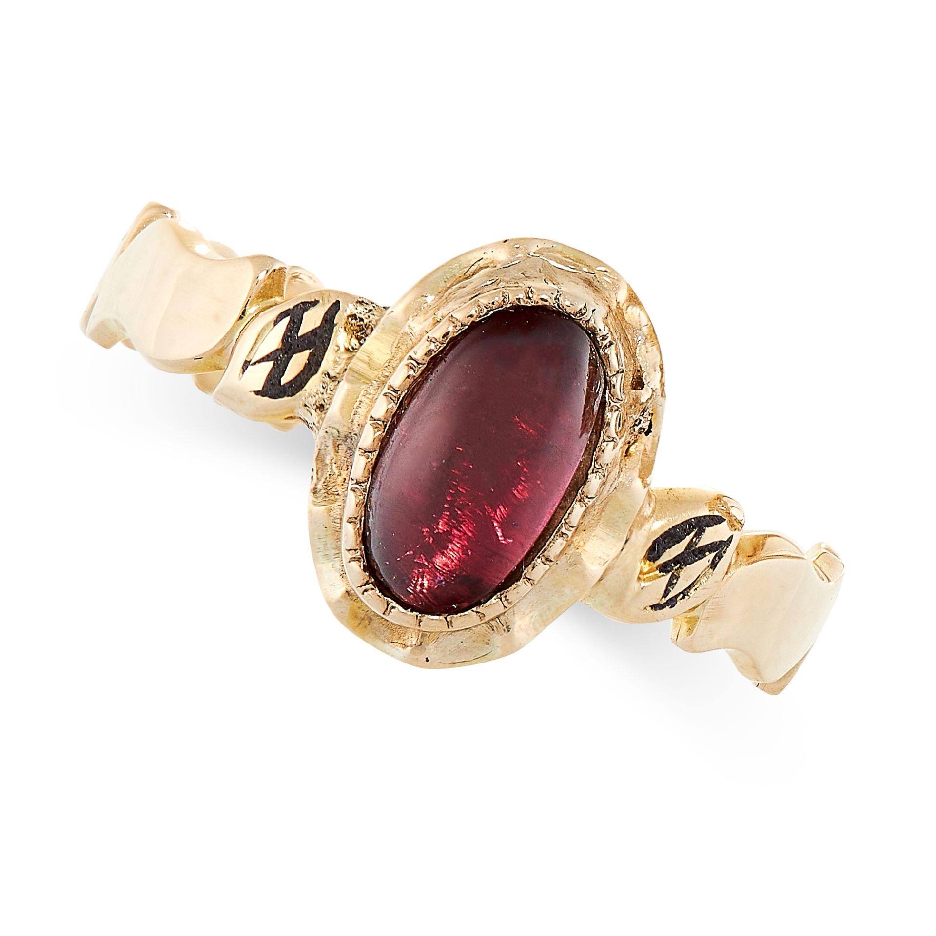 AN ANTIQUE GARNET AND ENAMEL DRESS RING in 18ct yellow gold, set with an oval cabochon garnet