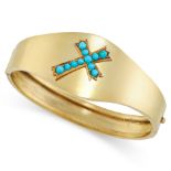 ANTIQUE TURQUOISE CROSS BANGLE, 19TH CENTURY mounted in yellow gold, the tapering bangle applied