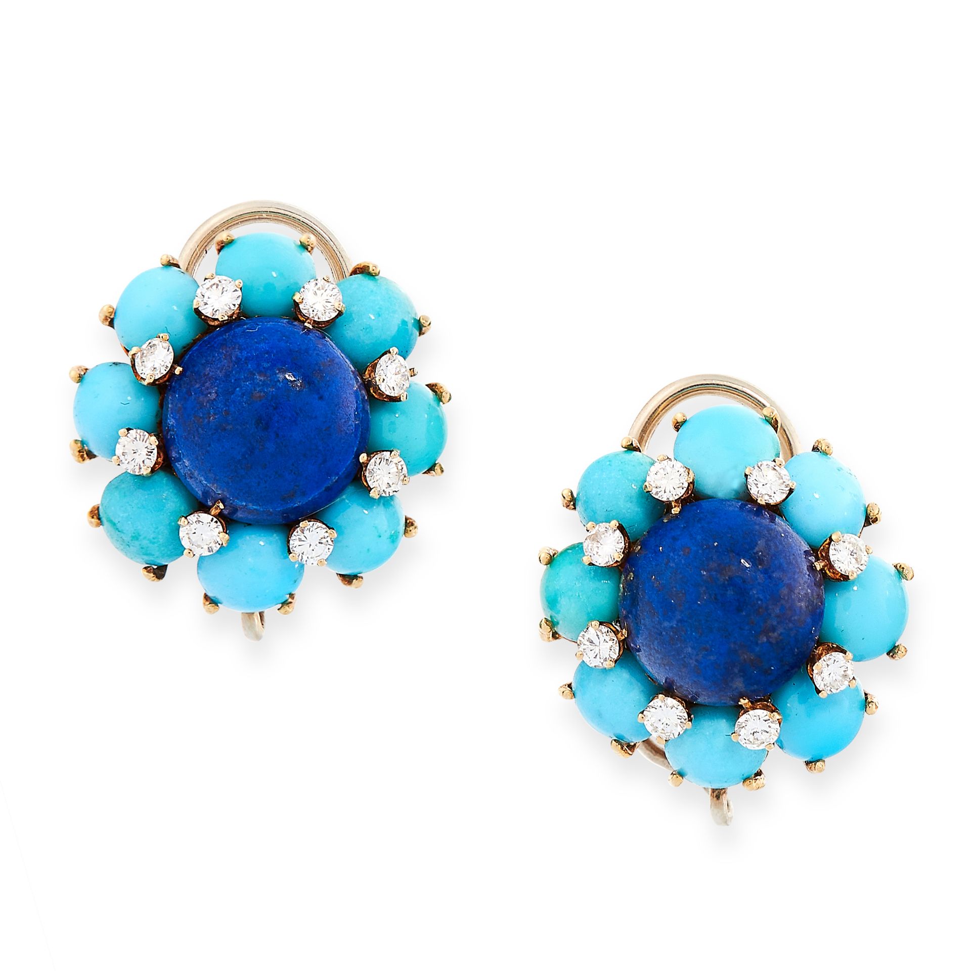 A PAIR OF VINTAGE LAPIS LAZULI, TURQUOISE AND DIAMOND CLIP EARRINGS, CARTIER in cluster form, set