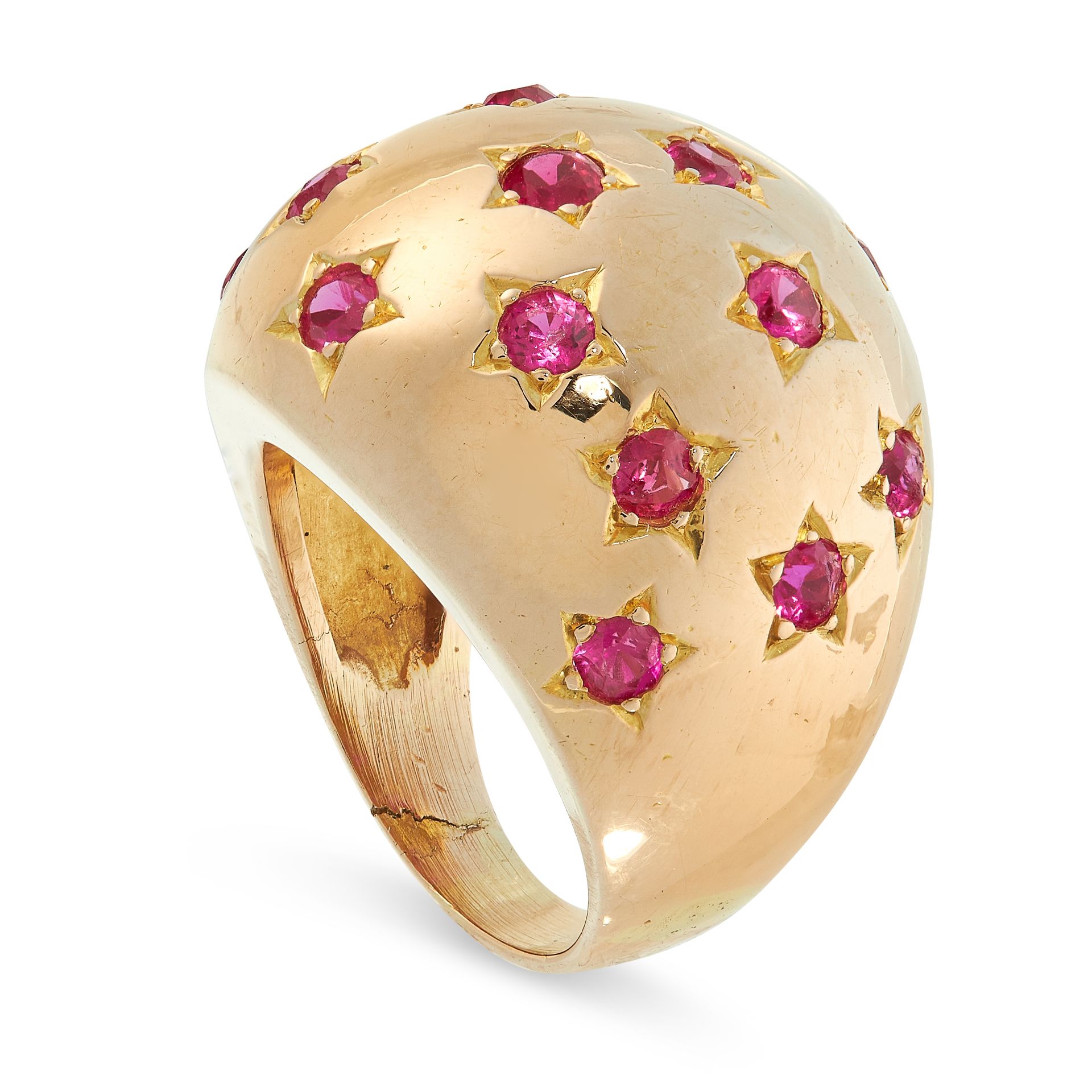 SYNTHETIC RUBY RING of bombe design, set with circular-cut synthetic rubies in star borders, size - Image 2 of 2