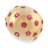 SYNTHETIC RUBY RING of bombe design, set with circular-cut synthetic rubies in star borders, size