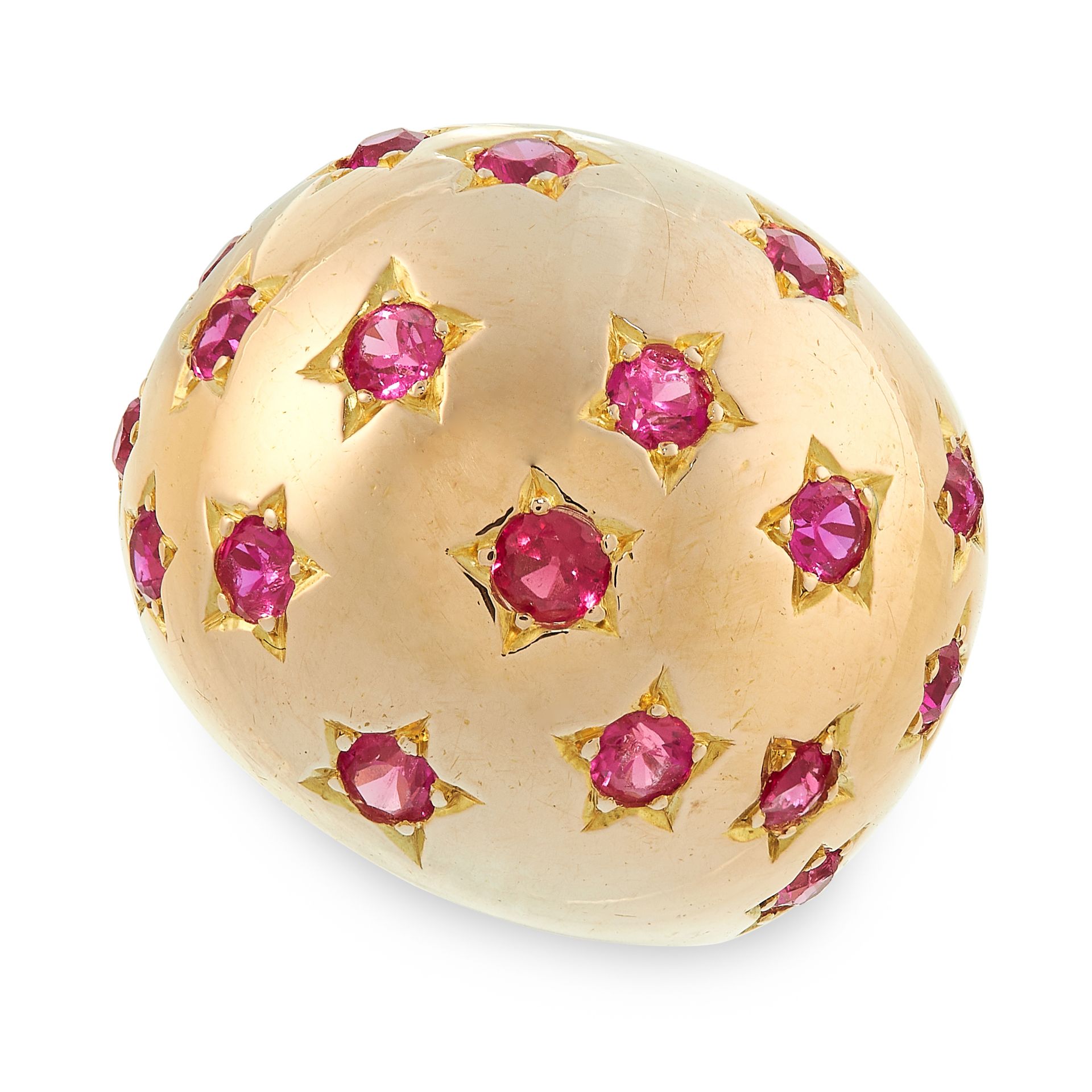 SYNTHETIC RUBY RING of bombe design, set with circular-cut synthetic rubies in star borders, size