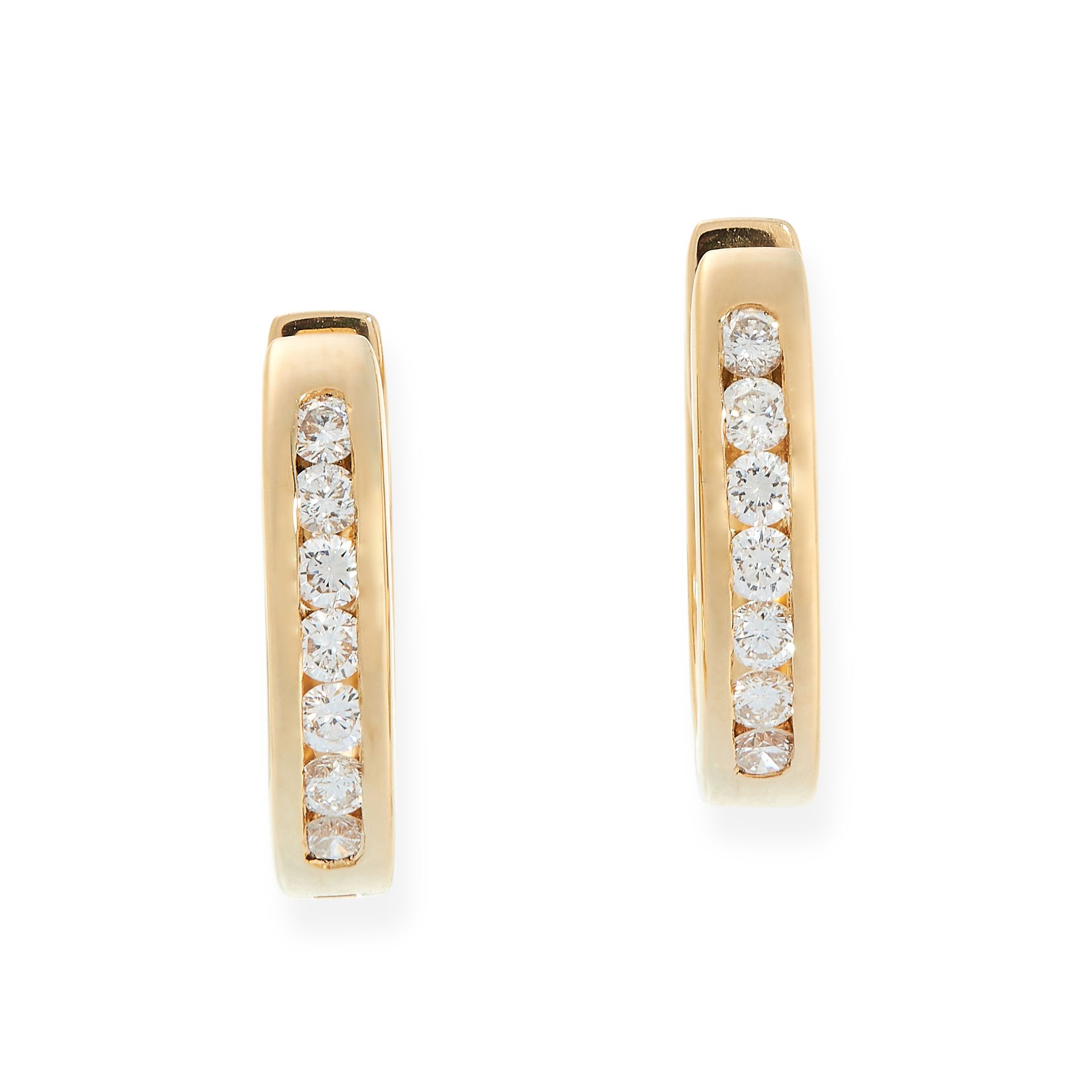 PAIR OF DIAMOND EARRINGS each of hinged hoop design, channel-set to the front with brilliant-cut