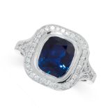 UNHEATED SAPPHIRE AND DIAMOND RING collet-set with a cushion-shaped sapphire weighing 2.90 carats,