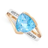 BLUE TOPAZ AND DIAMOND RING set with a triangular brilliant cut blue topaz, accented by circular cut