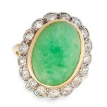 JADEITE AND DIAMOND RING collet-set with a cabochon jadeite weighing approximately 8.80 carats,