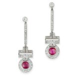 PAIR OF RUBY AND DIAMOND EARRINGS, EARLY 20TH CENTURY each of pendent design, the geometric