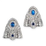 PAIR OF ART DECO BURMA NO HEAT SAPPHIRE AND DIAMOND CLIP BROOCHES each of shield-shaped design,