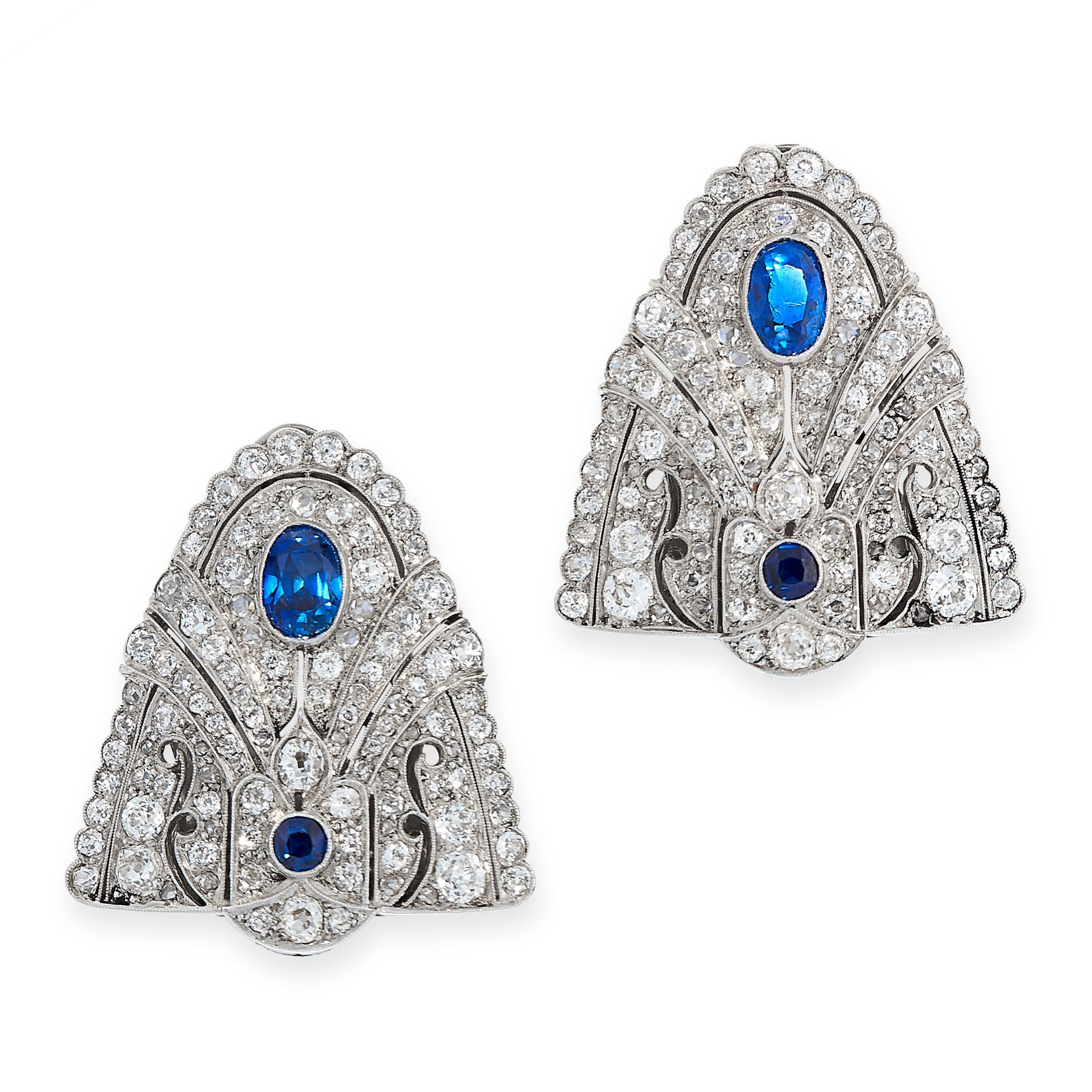 PAIR OF ART DECO BURMA NO HEAT SAPPHIRE AND DIAMOND CLIP BROOCHES each of shield-shaped design,