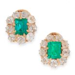 PAIR OF ANTIQUE EMERALD AND DIAMOND EARRINGS, LATE 19TH CENTURY each of cluster design, claw-set