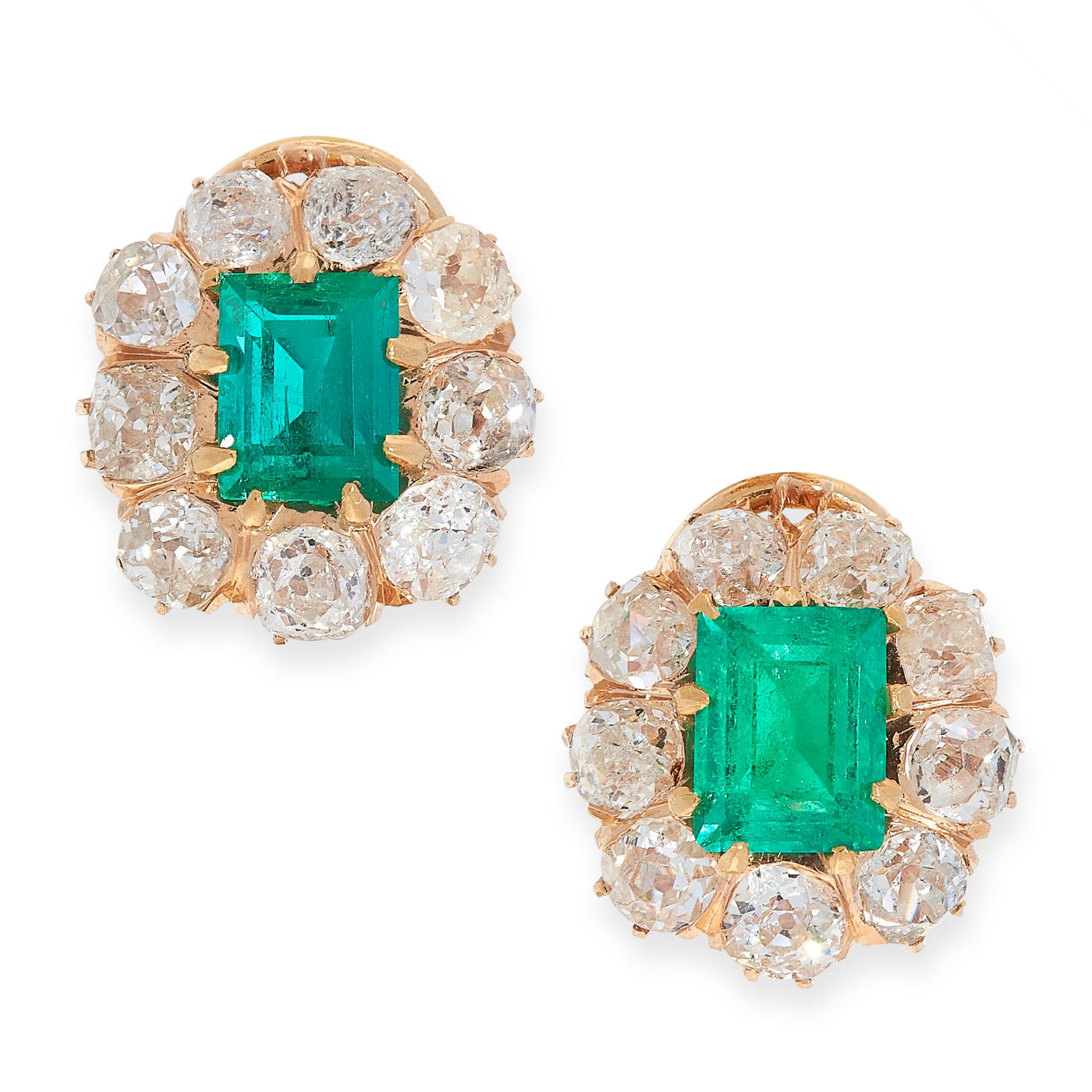 PAIR OF ANTIQUE EMERALD AND DIAMOND EARRINGS, LATE 19TH CENTURY each of cluster design, claw-set