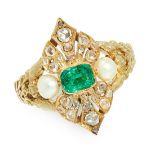 AN ANTIQUE EMERALD, PEARL AND DIAMOND RING in high carat yellow gold, set with a cushion cut emerald