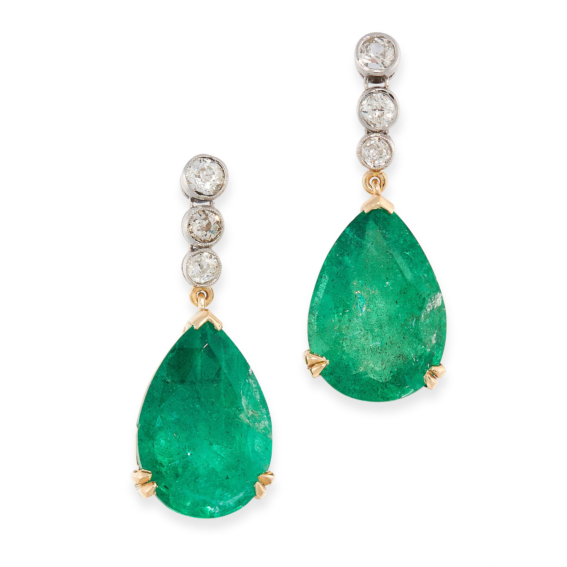 PAIR OF EMERALD AND DIAMOND EARRINGS each of pendent design, composed of a line of collet-set