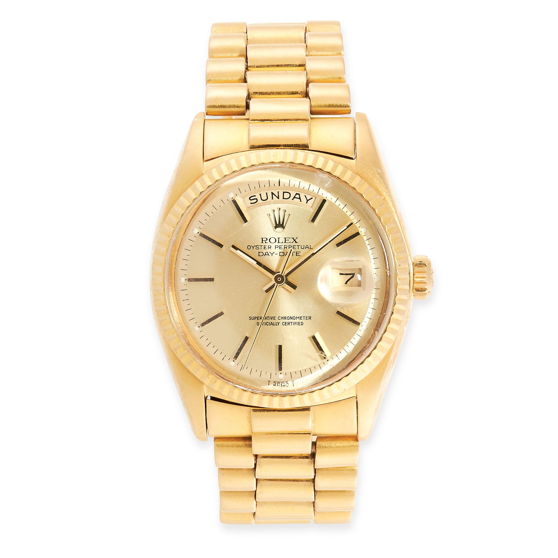 LADY'S GOLD WRISTWATCH, 'DAY DATE', ROLEX the circular gold dial with gold baton indicators and