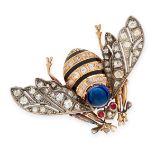 FINE ANTIQUE SAPPHIRE, RUBY, DIAMOND AND ENAMEL BEE BROOCH, 19TH CENTURY in yellow gold and