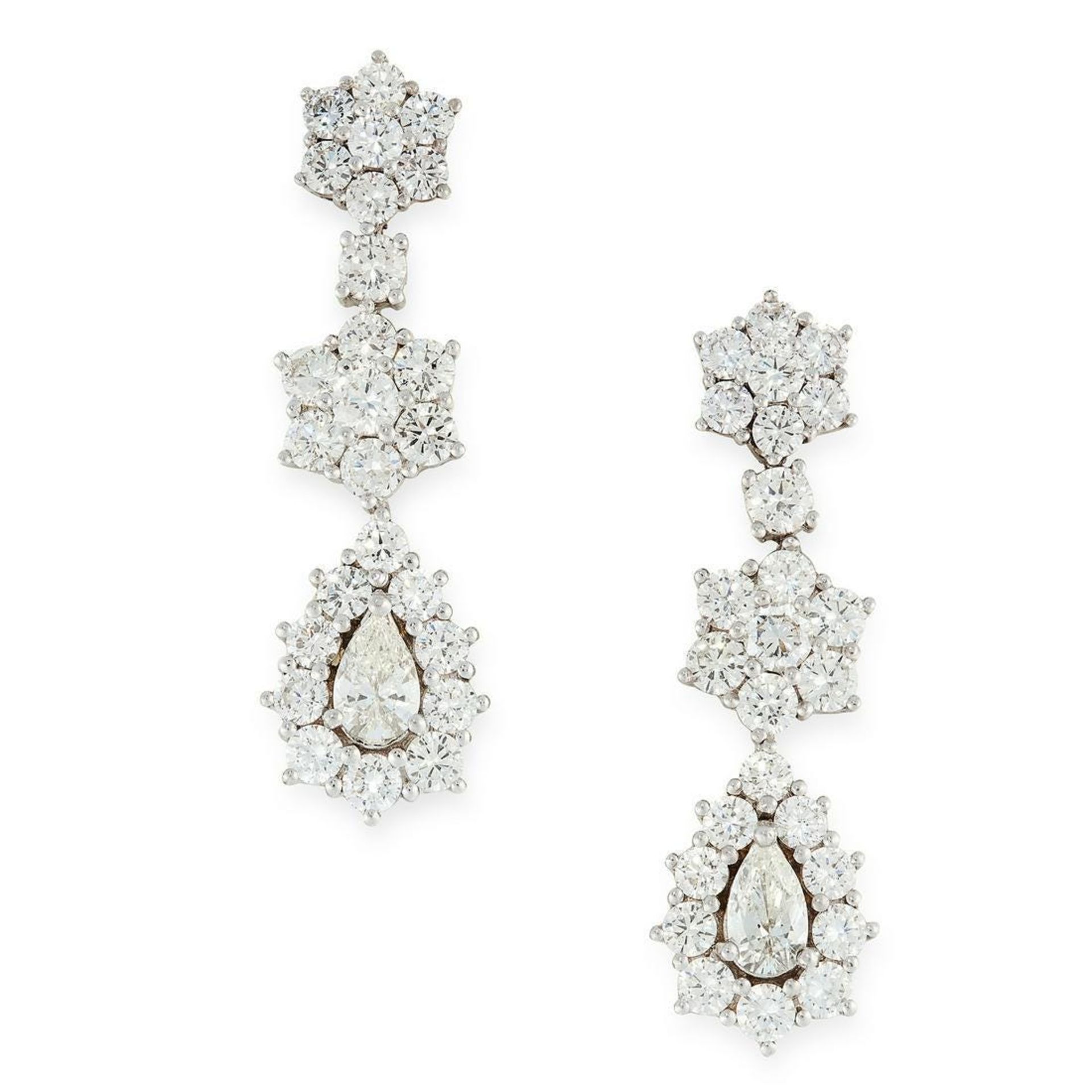 PAIR OF DIAMOND CLUSTER DROP EARRINGS in 18ct gold, each comprising a trio of graduated links set