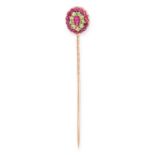 ANTIQUE RUBY AND DEMANTOID GARNET TIE / STICK PIN, RUSSIAN CIRCA 1910 mounted in 14ct yellow gold,