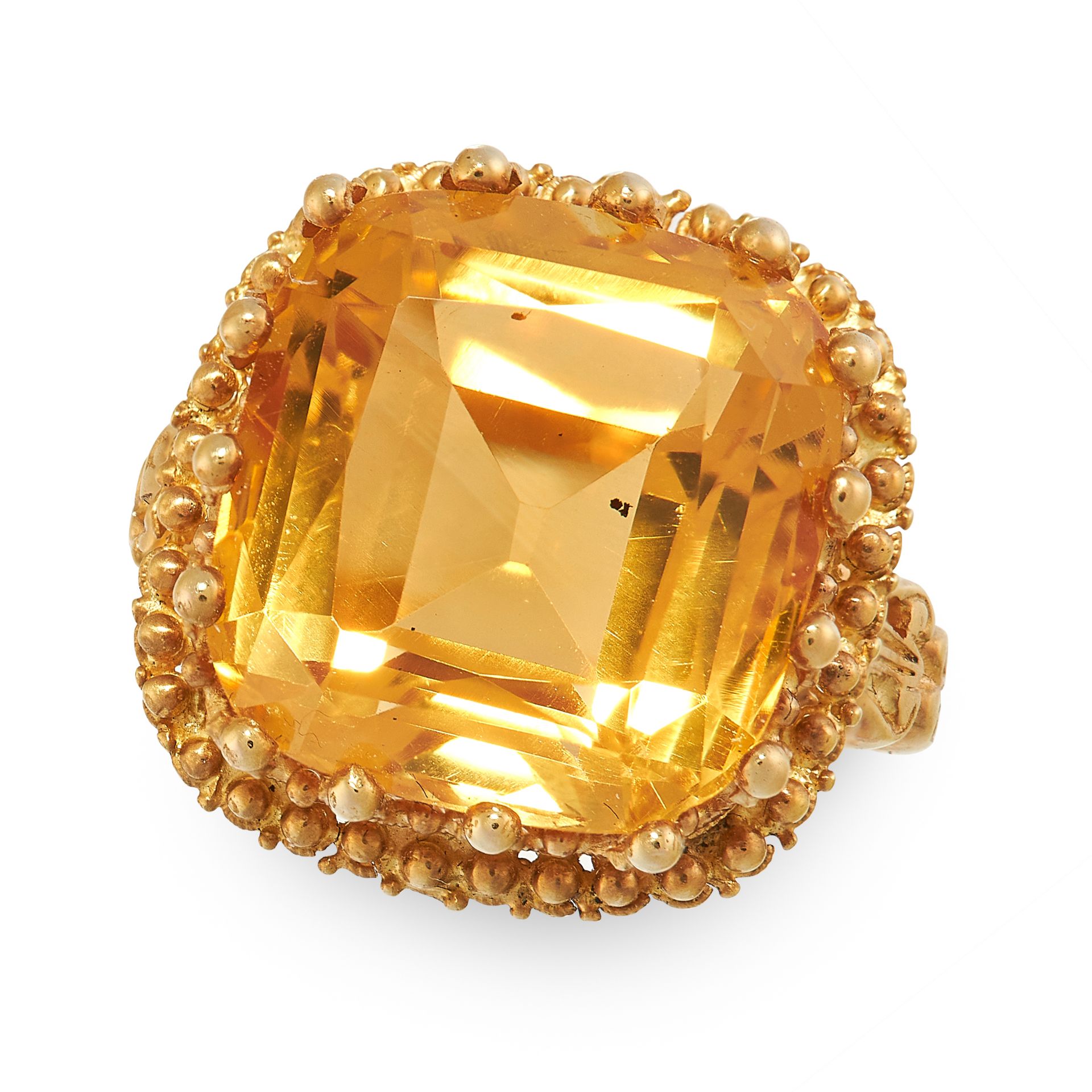 CITRINE DRESS RING comprising of a cushion cut citrine of 8.44 carats in beaded border, with