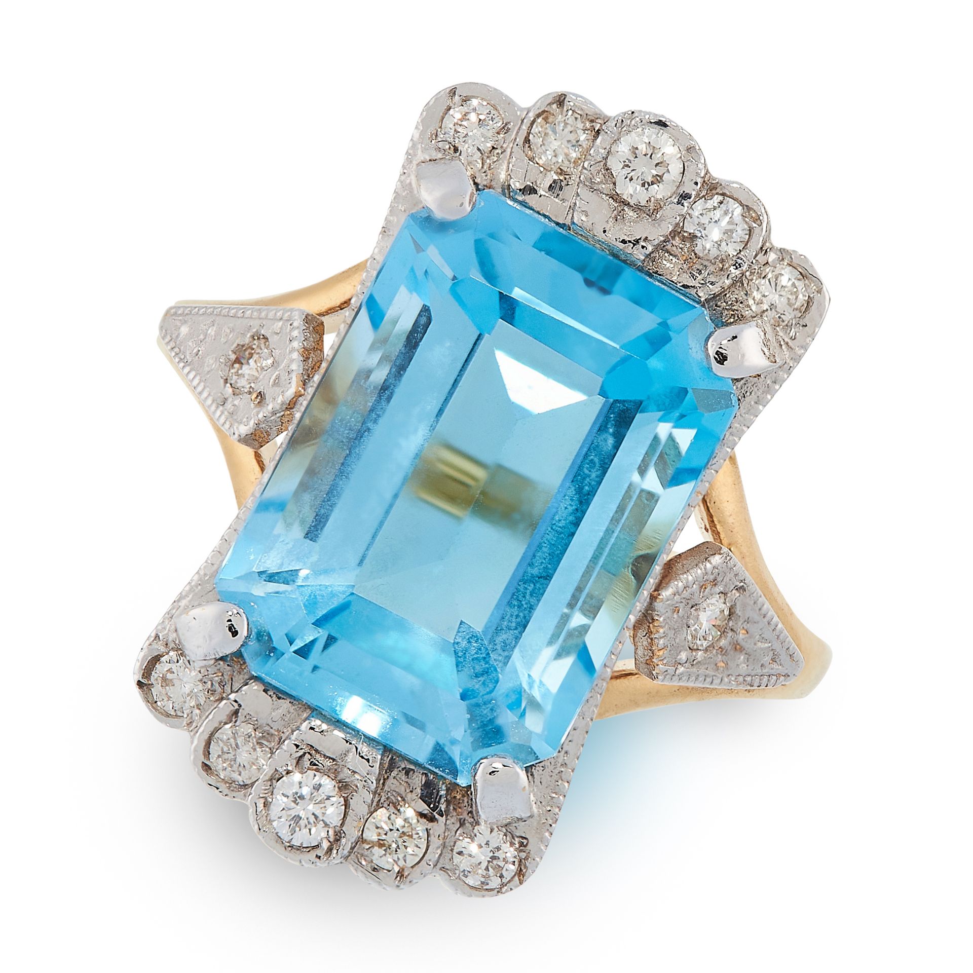 TOPAZ AND DIAMOND RING in 18ct yellow gold, in Art Deco style, set with an emerald cut topaz of 8.36