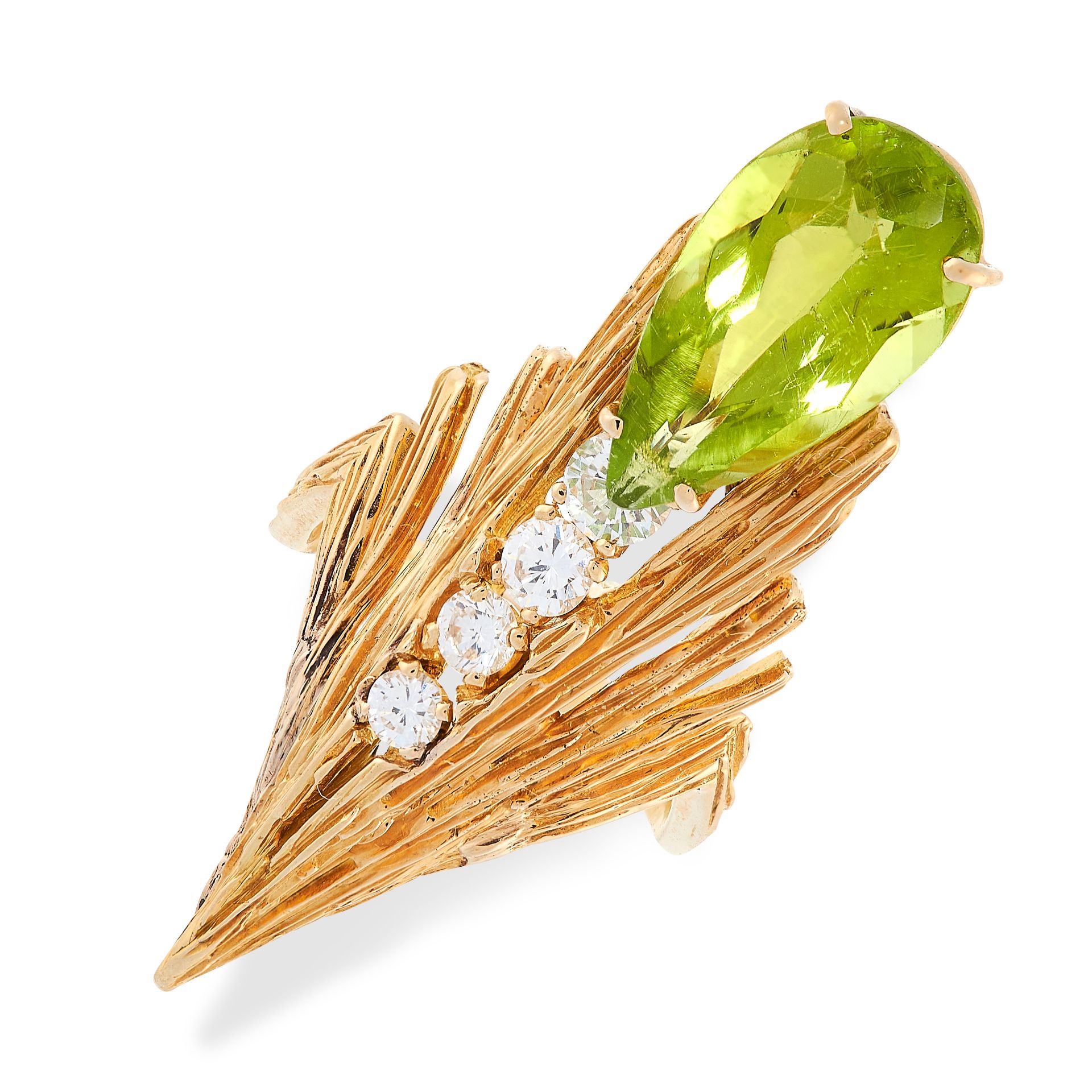 PERIDOT AND DIAMOND RING, MAUBOUSSIN, 1970S designed as a tapered textured mount set with a pear-