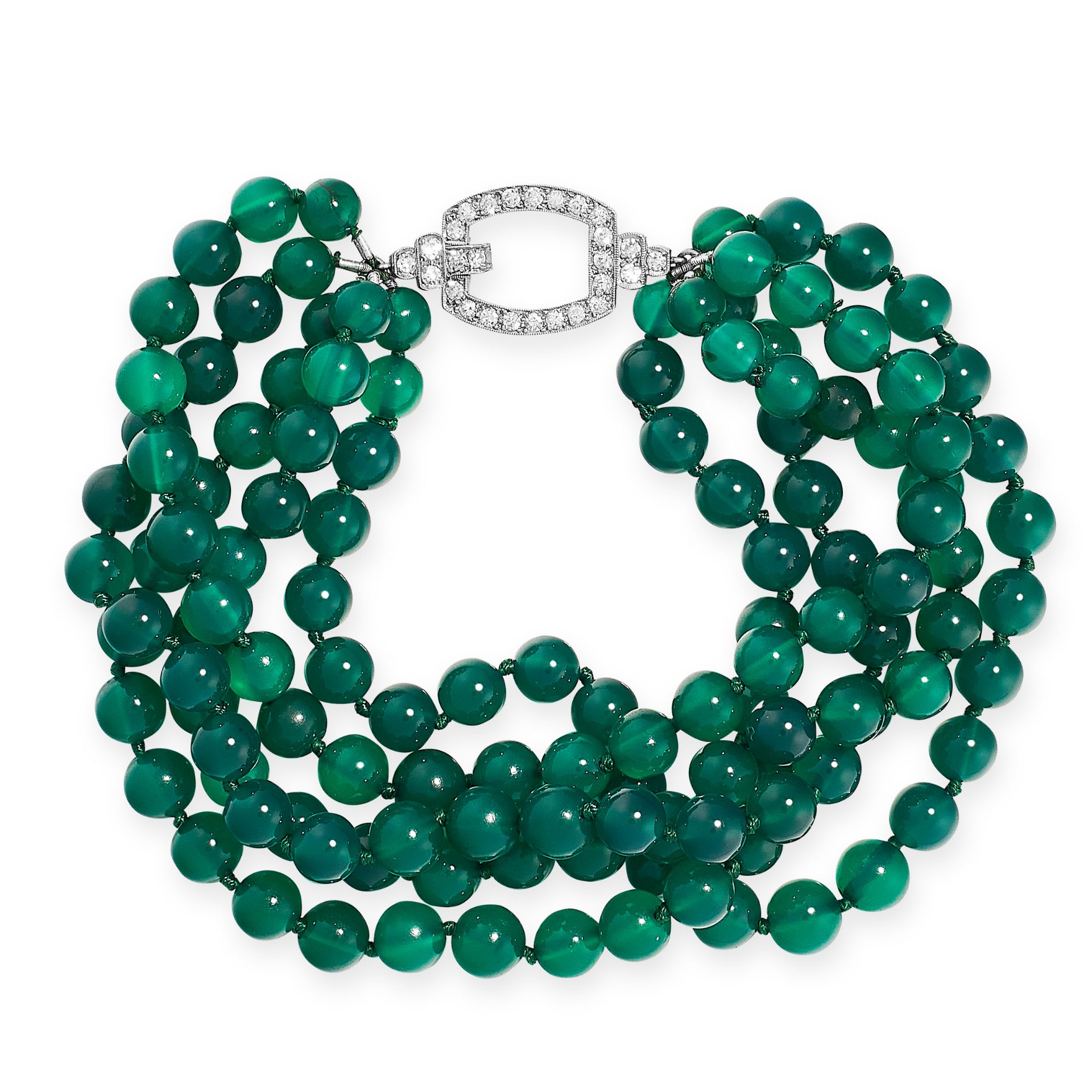 CHRYSOPRASE AND DIAMOND BRACELET comprising of five rows of polished chrysoprase beads ranging