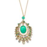 EMERALD, OPAL AND DIAMOND PENDANT AND CHAIN mounted in yellow gold, the pendant set with a central