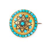 ANTIQUE TURQUOISE, DIAMOND AND ENAMEL BROOCH, 19TH CENTURY in yellow gold, of circular design, set