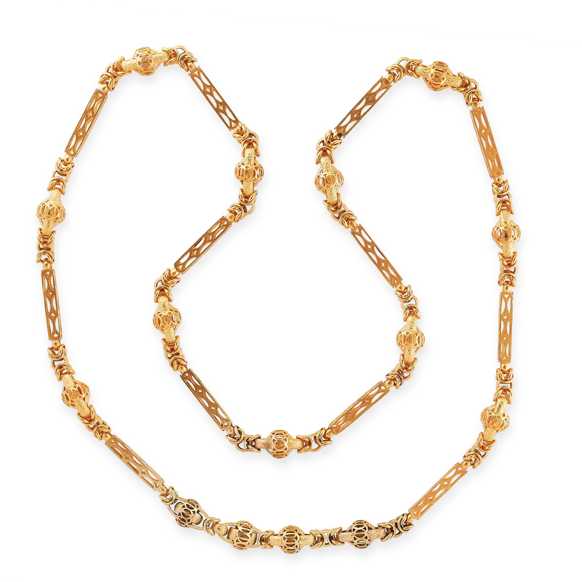 EXCEPTIONAL ANTIQUE FANCY LINK SAUTOIR NECKLACE in yellow gold, formed of a series of alternating