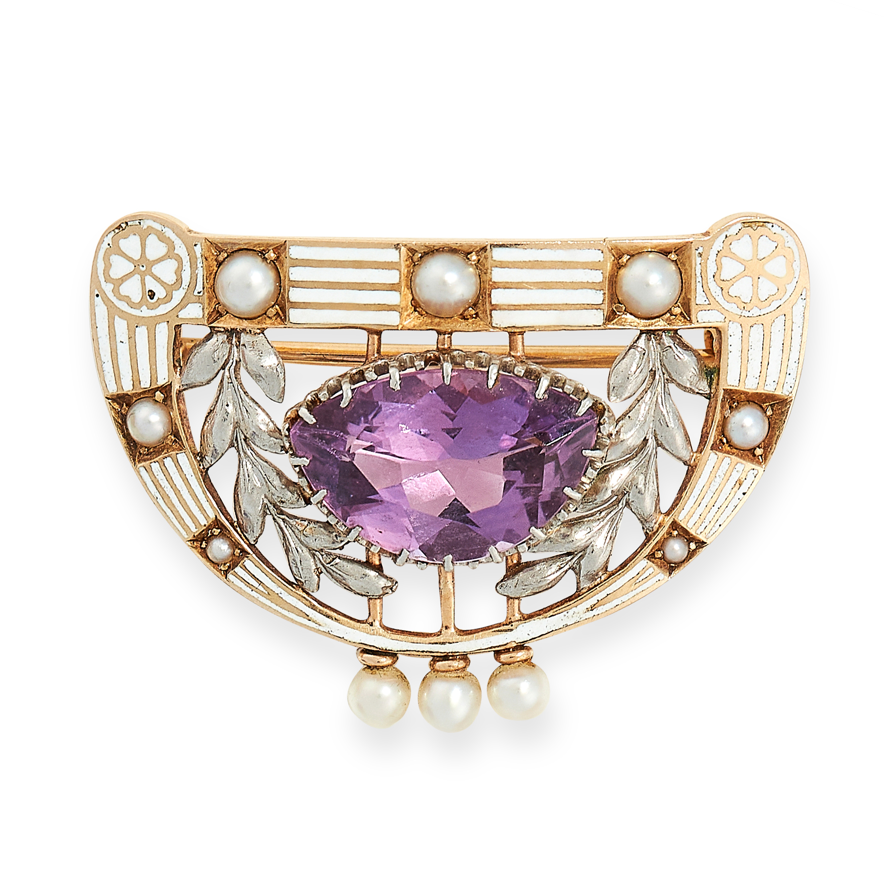 ANTIQUE AMETHYST, PEARL AND ENAMEL BROOCH, CIRCA 1900 mounted in yellow gold and silver, set with