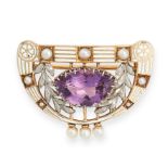 ANTIQUE AMETHYST, PEARL AND ENAMEL BROOCH, CIRCA 1900 mounted in yellow gold and silver, set with