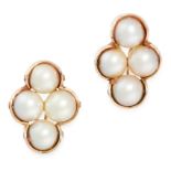 PAIR OF PEARL EARRINGS mounted in yellow gold, each set with four pearls in quatrefoil design,