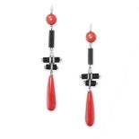 PAIR OF ART DECO ONYX, CORAL AND DIAMOND DROP EARRINGS in geometric form, comprising of a polished