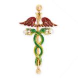 ANTIQUE PEARL, RUBY AND ENAMEL CADUCEUS BROOCH in yellow gold, designed as the staff of Hermes