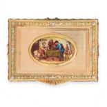 ANTIQUE PAINTED ENAMEL MINIATURE SNUFF BOX, 19TH CENTURY mounted in yellow gold, the rectangular
