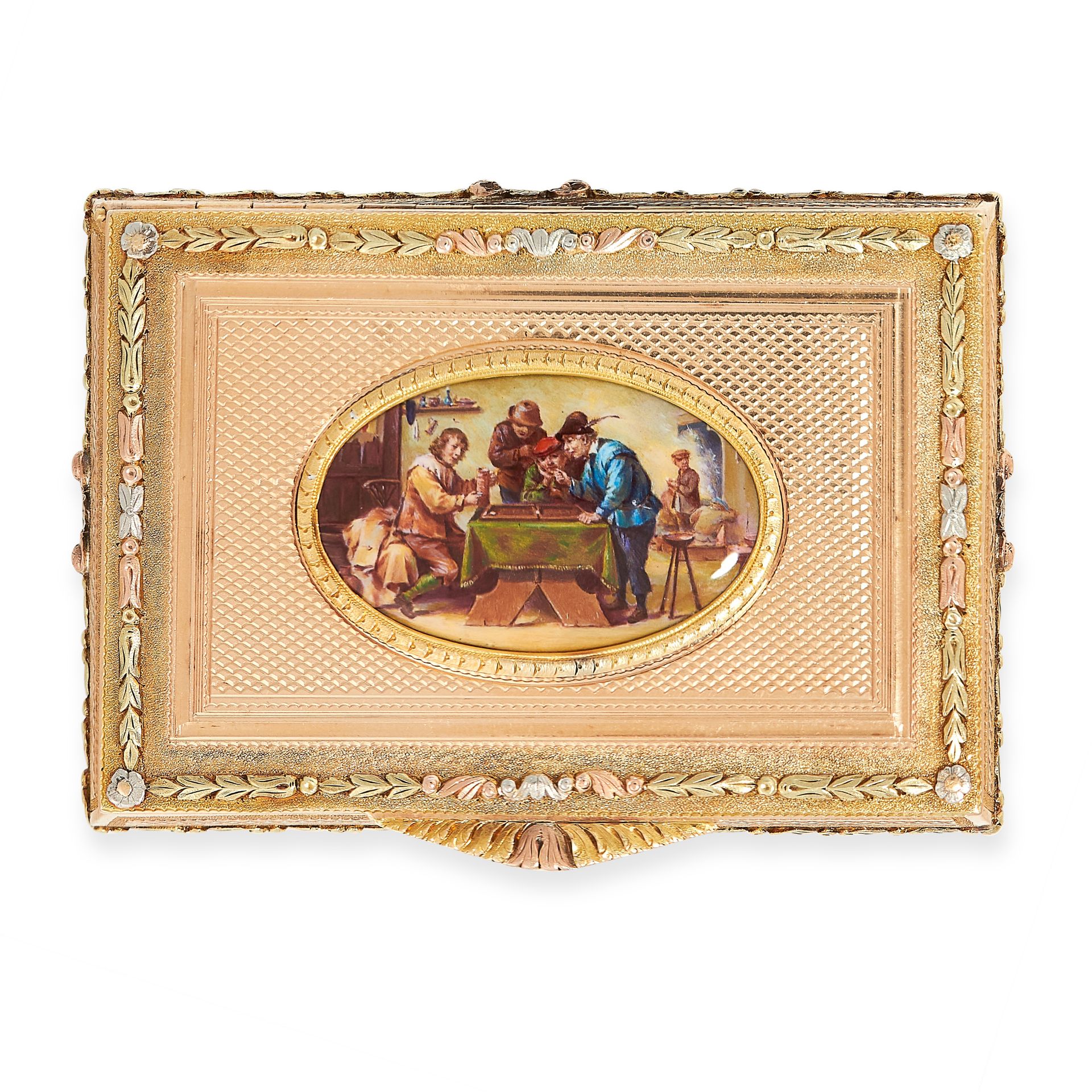 ANTIQUE PAINTED ENAMEL MINIATURE SNUFF BOX, 19TH CENTURY mounted in yellow gold, the rectangular