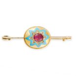 ANTIQUE VICTORIAN RUBY, DIAMOND AND ENAMEL BROOCH comprising of an oval centrepiece set with a