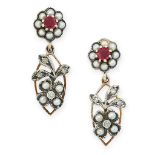 PAIR OF ANTIQUE RUBY, PEARL AND DIAMOND EARRINGS in yellow gold and silver, the articulated openwork