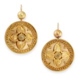 PAIR OF ANTIQUE EARRINGS, 19TH CENTURY in yellow gold, in the revivalist manner, of circular design,