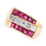 RUBY AND DIAMOND RING, HEYMAN BROTHERS of geometric deisgn, composed of slanted rows of channel-