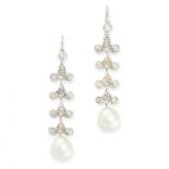 PAIR OF PEARL AND DIAMOND EARRINGS each set with a pearl of 11.5mm, below scrolling links set with