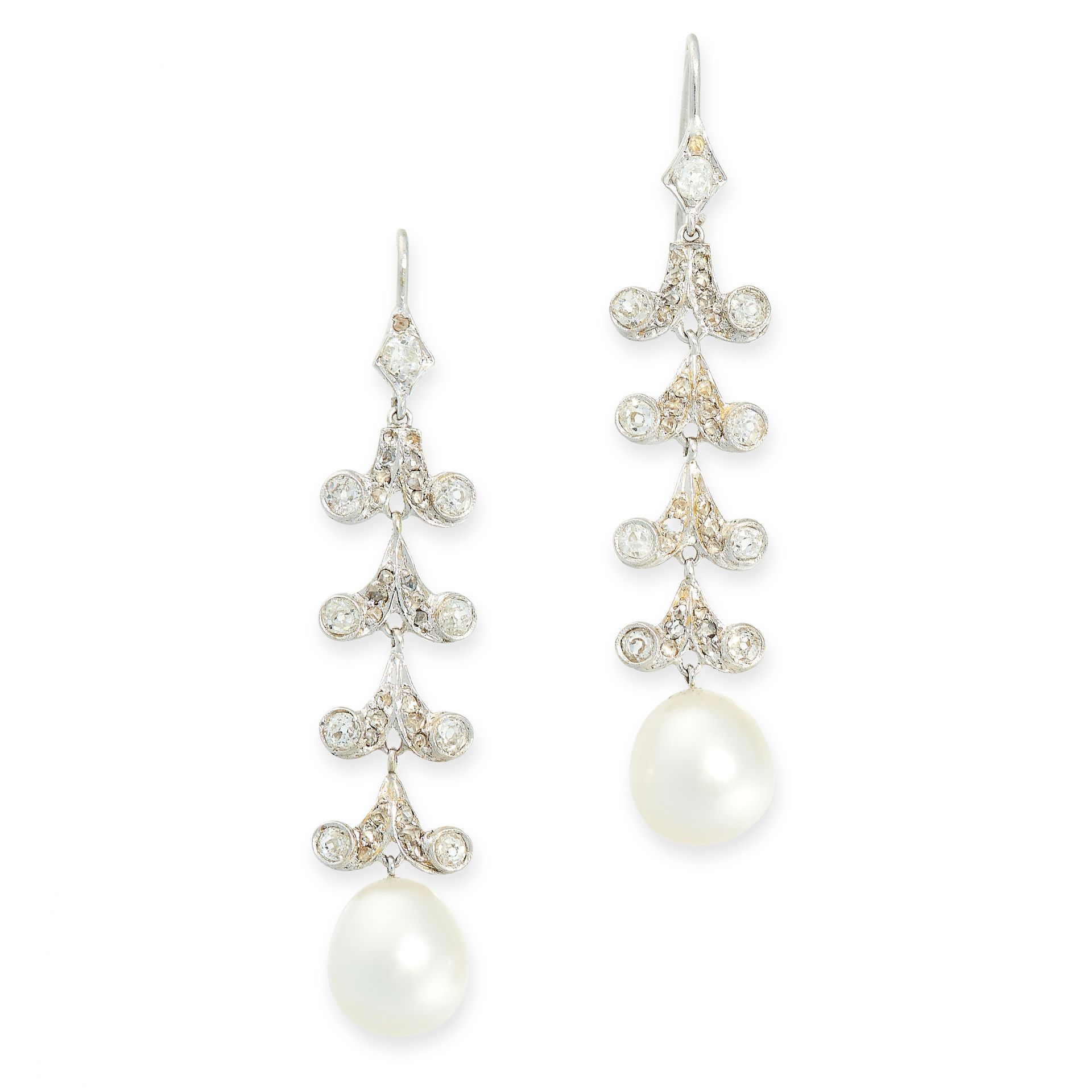 PAIR OF PEARL AND DIAMOND EARRINGS each set with a pearl of 11.5mm, below scrolling links set with
