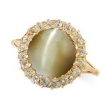 ANTIQUE CAT’S EYE CHRYSOBERYL AND DIAMOND RING in yellow gold, in cluster form, set with a