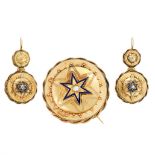 AN ANTIQUE DIAMOND AND ENAMEL MOURNING LOCKET BROOCH AND EARRINGS SUITE, 19TH CENTURY in yellow