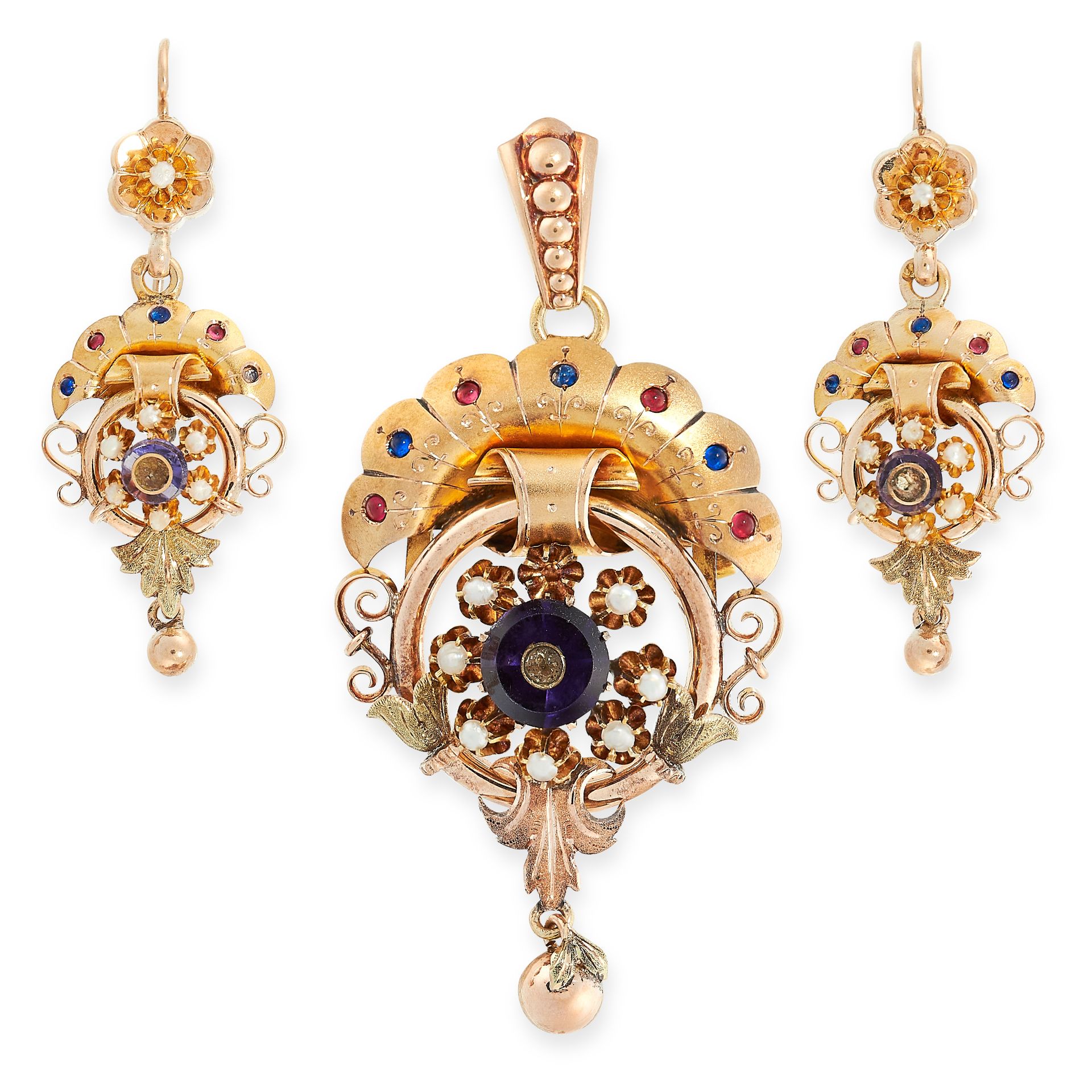 ANTIQUE AMETHYST, RUBY, SAPPHIRE AND PEARL DEMI PARURE in yellow gold, comprising of a pair of