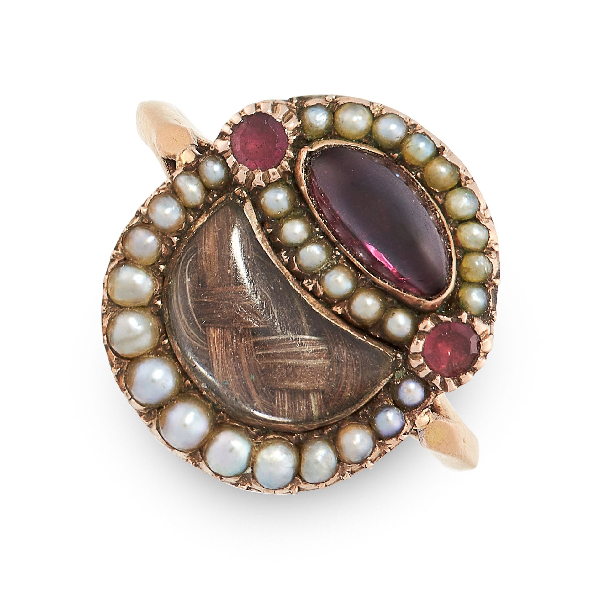 ANTIQUE GARNET, PEARL AND HAIRWORK MOURNING LOCKET RING the circular face is formed of a central