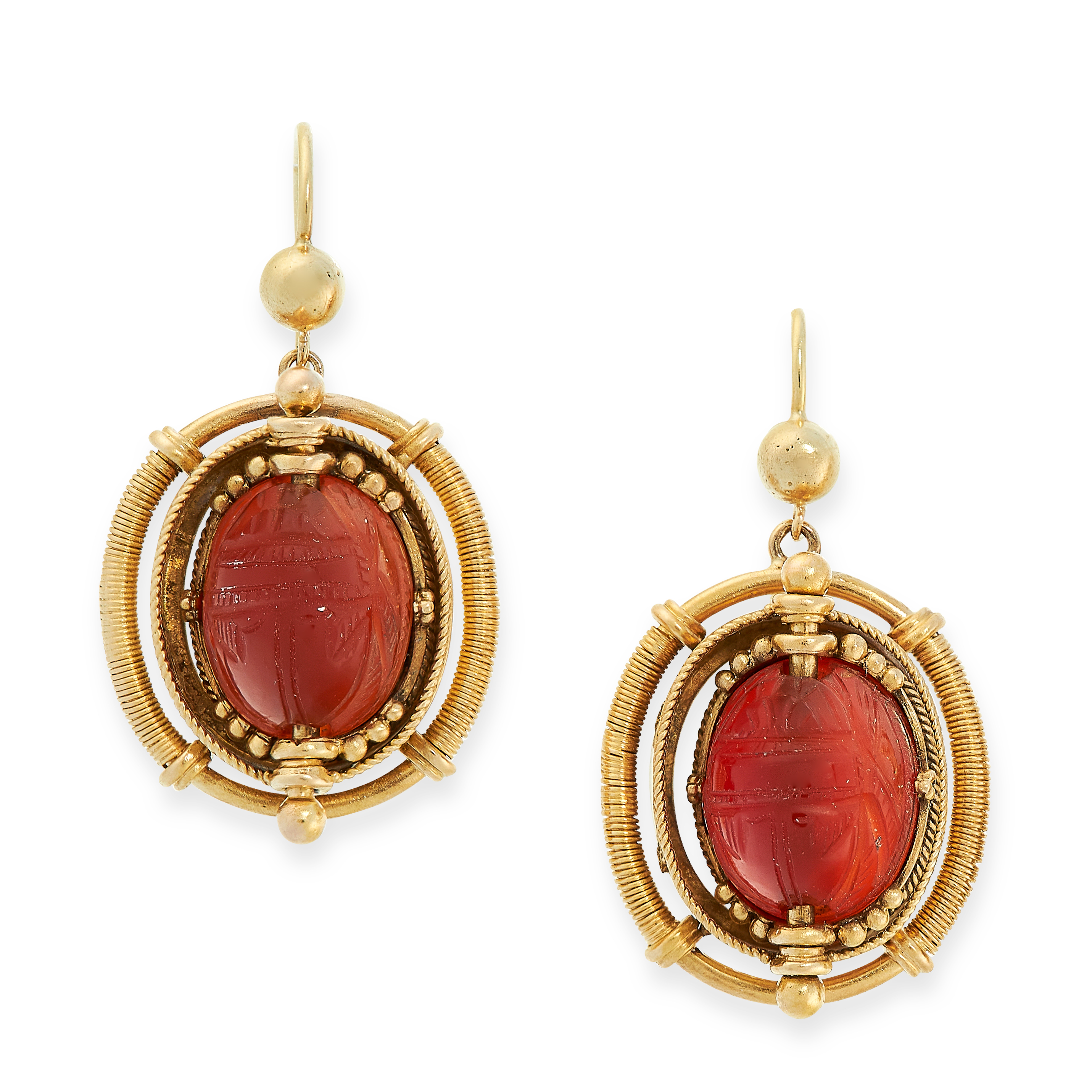 ANTIQUE CARNELIAN SCARAB BEETLE EARRINGS, 19TH CENTURY in yellow gold, in the manner of