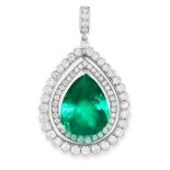 COLOMBIAN EMERALD AND DIAMOND PENDANT set with a central pear cut emerald of 19.18 carats, suspended