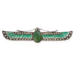 HARDSTONE, ENAMEL AND MARCASITE SCARAB BROOCH set with a central carved green hardstone depicting