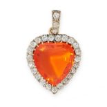 ANTIQUE FIRE OPAL AND DIAMOND PENDANT in yellow gold and silver, designed as a heart shaped cluster,
